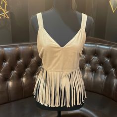 Suede Style Soft Touch Material. Great Condition. Never Worn. Bohemian Fringe Top For Night Out, Chic Fringe Beach Tops, Casual Fringe Tops For Night Out, Beige Fringe Summer Tops, Beige Fringed Tops For Festival, Beige Fringe Tops For Festival, Chic Beige Fringe Tops, Beige Fringe Tops For Summer, Chic Tassel Top For Night Out