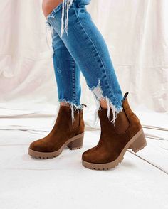 Officially The Best Bootie. These run true to size. Brown Chunky slip on booties with elastic detail. Suede Fabric. Pair these cute boots with jeans and a sweater2 7/8” heel. Comfortable Fashion, Clothing And Accessories