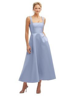 Square Neck Satin Midi Dress with Full Skirt & Pockets Gala Tea Length Dress With Fitted Bodice, Gala Midi-length Dress With Fitted Bodice, Tea-length Midi Dress With Pleated Fitted Bodice, Chic Fitted Tea Length Dress With Full Skirt, Chic Fitted Full Skirt Tea Length Dress, Chic Midi Dress With Lined Bodice And Square Neck, Fitted Sleeveless Tea Length Dress For Gala, Chic Square Neck Dress With Lined Bodice, Midi Dress With Pleated Bodice