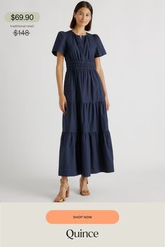 Maxi length and maximal function because we're bringing you another pocketed wonder! This chic maxi gathers at the waist for a lightly cinched look. Made from 100% organic cotton for lightweight breathability. With a v-neck and short sleeves, this is a must-have for your summer wardrobe.  | Quince | Women's Tiered Maxi Dress in Navy, Size XS, Cotton Linen Short, Tiered Maxi Dress, Dress 100, Sewing Dresses, Xl Dress, Quince, Fit Flare Dress, Swing Dress, Cotton Poplin