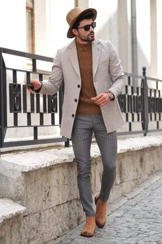 Slim-Fit Wool Coat Stone-baagr.myshopify.com-Jacket-BOJONI Men Earth Tone Outfit, Mantel Outfit, Mens Business Casual Outfits, Casual Chic Outfits, Big Men Fashion, Wool Coats, Dapper Gentleman, Fall Outfits Men, Causal Outfits