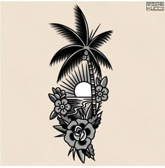 a black and white drawing of a palm tree with flowers on it's side