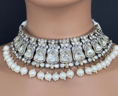 White Premium Dual Tone uncut Polki Kundan Victorian Necklace/Sabyasachi/Indian/Bollywood/Celebrity/Fine Kundan Necklace/Pakistani/Punjabi  Regular size and adjustable with silver thread Heavy Kundan Necklace For Ceremonial Occasions During Eid, Heavy Bollywood Bridal Necklace For Eid, Bollywood Heavy Bridal Necklace For Eid, Bollywood Style Heavy Bridal Necklace For Eid, Heavy Kundan Necklace For Eid, Heavy Bollywood Kundan Necklace For Eid, Bollywood Style Necklace With Mirror Work For Eid, Bollywood Style Kundan Necklace For Ceremonial Festive Occasions, Bollywood Bridal Necklace For Eid Ceremonial