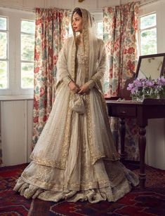 Premium Embellished Double Layered Traditional Pishwas Frock and Dupatta in Ivory Color Tissue Design, Faiza Saqlain, Pakistani Lehenga, Pakistani Bridal Dress, Nikah Dress, Walima Dress, Desi Wedding Dresses, Nikkah Dress, Asian Wedding Dress