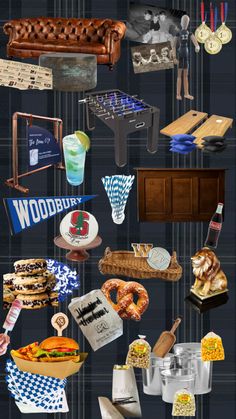 a collage of different items that are on display in a room with blue and black walls