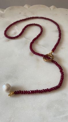 28-inch, delicate red raspberry quartz and freshwater pearl lariat style necklace with gold accents; 14K gold-plated toggle clasp. Red Gemstone Necklace, Lariat Style Necklace, Pearl Lariat, Red Raspberry, Red Gemstones, Freshwater Pearl Necklace, Necklace Gemstone, Freshwater Pearl Necklaces, Style Necklace