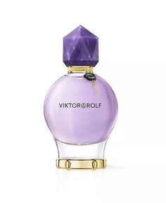 a bottle of perfume on a white background with a purple diamond in the top corner