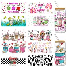 various stickers and decals are shown in this set, including cups, mugs,