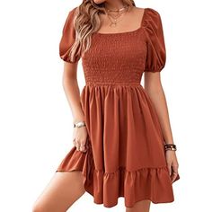 Women's Ruffle Long Flounce Sleeve Dress Rust Brown 100% Polyester Imported Soft, Lightweight, Skin Touch Material, The Dress Will Give You A Comfortable And Warm Wearing Experience. Features: This Dress Features Shirred Detail, Flounce Sleeve, Square Neck, High Waist, Ruffle Hem. The Dress Goes Great With Any Body Shape And Look Just Great On You Whenever You Decide To Wear It. Elegant And Sweet Style Shows Your Unique Personal Charm And Produces A Fitted Visual Effect. Perfect For Both Indoor Vestidos Country, Rust Dress, Ruffle Hem Dress, Flounce Sleeve, Really Cute Outfits, Dresses For Teens, Country Outfits, Fashion Kids, Hem Dress