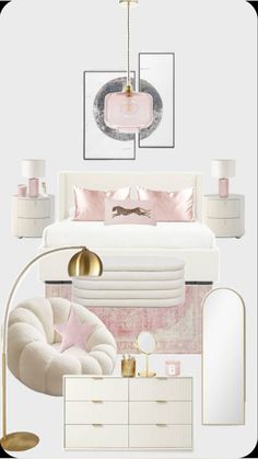 a bedroom with white furniture and pink accents on the walls, along with gold accessories