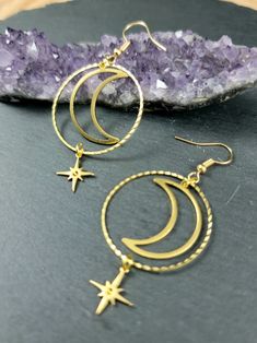 Gold Moon Shaped Metal Hoop Earrings, Gold Moon Shaped Hoop Earrings, Gold Crescent Earrings With Moon Phase Detail, Gold Moon-shaped Metal Hoop Earrings, Gold Dangle Earrings With Moon Phase Detail, Celestial Moon Phase Earrings, Celestial Star-shaped Hoop Earrings For Gift, Handmade Moon-shaped Metal Hoop Earrings, Celestial Moon Shaped Metal Earrings