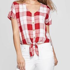 Size Medium New Without Tags Ties In Front Super Cute Casual Plaid Button-up Tops, Plaid Button-up Tops For Day Out, Casual Plaid Summer Tops, Casual Summer Plaid Tops, Red Trendy Button-up Tops, Plaid Short Sleeve Top For Summer, Trendy Plaid V-neck Top, Trendy Red Button-up Tops, Casual Red Button-up Top