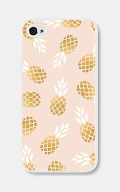 a pink phone case with gold pineapples on the front and bottom, all in white