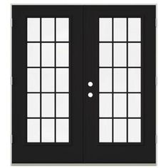 a black double door with white glass