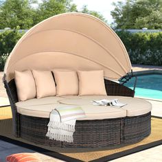 PRICES MAY VARY. 【Contemporary Comfortable Patio Set】The patio daybed comes with 4 semicircular cushions, 1 round center table Cushion and 4 decorative pillows. Rounded corners and rounded silhouettes enhance the modern style make it your best choice. 【Hand-Woven Wicker】 This outdoor daybed use all-weather PE rattan to bring a more comfortable experience. The manually treated wicker is actually more expensive than the bright, smooth wicker, which is sturdy but also light. Water-resistant woven w Round Patio Furniture, Patio Hanging Chair, Outdoor Patio Daybed, Cozy Back Porch, Balcony Apartment, Table Cushion, Wicker Material, Poolside Decor, Outdoor Sectional Furniture