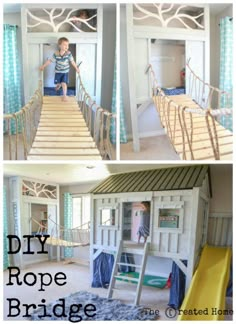 a kid's play house made out of pallet wood and rope with stairs