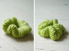 two pictures of green yarn on the floor