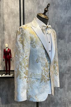 White Suit With Gold Accents, Off White Prom Suit, White Homecoming Suit, Prom Men Suits, Blue And Gold Wedding Suit, Celestial Tuxedo, White And Gold Wedding Suit, White And Gold Prom Suit, Gold Prom Suits For Men