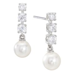 PRICES MAY VARY. Timeless Design - These pearl dangle earrings feature three delicate cubic zirconia stones and a classic pearl arranged in a captivating drop design, adding sparkle and glamor to any ensemble. Exquisite Everyday Earrings - Our lightweight drop pearl earrings for women offer the perfect blend of classic elegance and contemporary design, allowing for comfortable all day wear. Eye Catching Sparkle - These hanging pearl earrings are set with the highest quality of cubic zirconia sto Classic Bridal Earrings With Pearl Charm And Cubic Zirconia, Classic Bridal Dangle Earrings With Sparkling Stones, Classic Crystal Pearl Drop Earrings, Classic Dangle Crystal Earrings With Pearl Drop, Classic Dangle Crystal Earrings, Classic Dangle Pearl Earrings With Cubic Zirconia, Classic Crystal Dangle Earrings, Classic Dangle Earrings With Sparkling Stones, Classic White Cubic Zirconia Linear Earrings