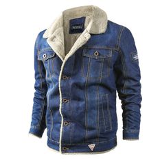 Portrait of a picture displaying Winter Thickened Denim Jacket product. Winter Jeans Jacket, Male Cowboy, Jackets Fashion Casual, Fleece Denim Jacket, Jaket Denim, Cowboy Jacket, Denim Jacket With Fur, Denim Jacket Winter, Denim Jacket Fashion