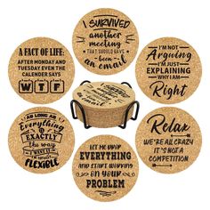 six cork coasters with different phrases on them