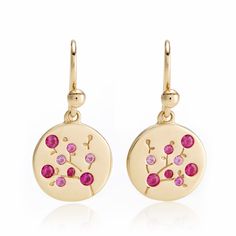 Shimmering pink sapphires set in yellow gold. Since 1861, Gump's has been a destination for jewelry that is distinctive, extraordinary and timeless. We develop the design, carefully select each gemstone and oversee the production from start to finish. Disc, 1/2"diam. Pink sapphires, 0.39ctw. 14-karat yellow gold. Pierc Cherry Blossom Earrings, Pink Gold Jewelry, Pink Sapphire Earrings, Jade Earrings, Pink Jewelry, Exclusive Jewelry, Sapphire Earrings, Earrings Collection, Hook Earrings