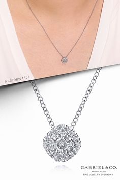 This radiant 14k white gold necklace epitomizes luxury in simplicity. Decorated in an array of luminous 0.21ct pavé diamonds, the cushion shaped pendant catches the light for subtle sparkle. NK3798W45JJ#GabrielNY #UniqueJewelry#FineJewelry#GabrielAndCo#FineJewelry#FashionJewelry#UniqueJewelry#GiftIdeas#DiamondJewelry #Jewelry#gabrieljewelry#UniqueGifts  #Jewelry #Design#HandcraftedJewelry#Elegance #Necklaces#WhiteGold#WhiteGoldNecklace #DiamondNecklace#GoldNecklace #PavéCushionPendantNecklace Formal Jewelry With Polished Flower Pendant, Fine Jewelry Flower Pendant With Polished Finish, Formal Flower Pendant Jewelry With Polished Finish, Formal Polished Flower Pendant Jewelry, Elegant Flower Pendant Jewelry With Polished Finish, Formal Necklace With Polished Flower Pendant, Formal Flower Pendant Necklace With Polished Finish, Formal Jewelry With Diamond Accents In Flower Pendant, Formal Jewelry With Diamond Accents Flower Pendant