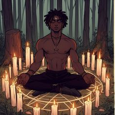 a man sitting in the middle of a circle with candles around him and surrounded by trees