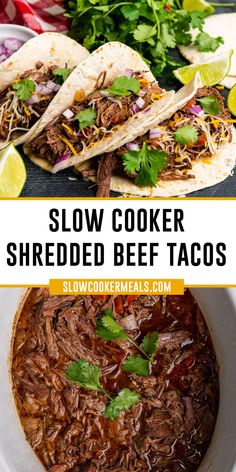 Shredded beef tacos in a slow cooker and in tortillas. Slow Cooker Shredded Beef, Shredded Beef Tacos, Chuck Roast Recipes, Beef Tacos, Slow Cooker Tacos, Dinner Recipes For Family, Shredded Beef, Homemade Beef, Chuck Roast