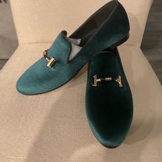 Green Loafers With Gold Buckle Strap Green Formal Slip-ons With Round Toe, Emerald Green Dress Shoes, Elegant Green Loafers For Formal Occasions, Elegant Green Formal Loafers, Green Round Toe Formal Slip-ons, Green Slip-on Formal Loafers, Luxury Green Slip-on Dress Shoes, Green Closed Toe Formal Loafers, Green Loafers For Formal Fall Occasions