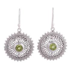 Over one carat of round peridot gemstones are surrounded by gleaming openwork that resembles the rays of the sun. India's Babun Dey designs this pair of dangle earrings crafting each one of sterling silver. Rays Of The Sun, Amethyst Necklace Pendant, Peridot Earrings, Peridot Gemstone, Earrings Green, Sterling Silver Dangle Earrings, Earring Crafts, Amethyst Pendant, Silver Earrings Dangle