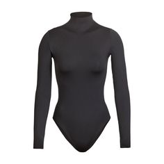 ESSENTIAL MOCK NECK LONG SLEEVE BODYSUIT - ONYX | SKIMS High Neck Bodysuit, Mock Neck Bodysuit, Square Neck Bodysuit, Mock Neck Long Sleeve, Ribbed Bodysuit, Black Bodysuit, Long Sleeve Bodysuit, Snap Closure, Mock Neck