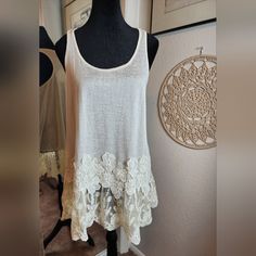 New With Tags. Size Small. 18" Ptp 28" Length Spring Vacation Lace Tank Top, Lace Tank Top For Spring Vacation, Spring Cream Tank Top With Lace Trim, Cream Lace Trim Tank Top For Spring, Bohemian Cream Tank Top For Spring, Spring Bohemian Cream Tank Top, Crochet Bell Sleeve, Babydoll Shirt, Womens Lace Tops