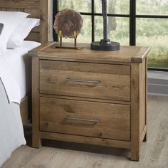 a night stand with two drawers in front of a window