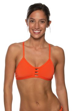 The Tomcat is a supportive athletic bikini top with a scooped neckline and tie straps for an adjustable fit. Shop the Tomcat in bolds and fun prints today. Solid Color T-back Sports Bra For Summer, Solid T-back Sports Bra For Summer, T-back Sports Bra For Summer, Summer Sports Bra With Strappy Back, Casual Strappy Swimwear Bra Friendly, Summer Workout Sports Bra With Padded Cups, Sports Tankini With Removable Bra Pads, Sporty Strappy Swimwear For Workout, Yoga Sports Bra With Adjustable Straps And Triangle Top