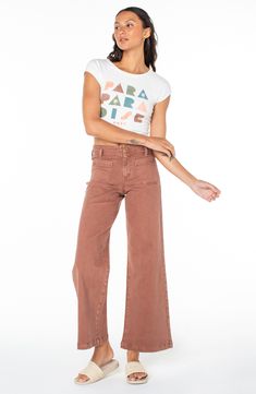 Vintage-inspired style abounds in these high-waist, wide-legs jeans made from russet-hued denim with a hint of stretch. 30 1/2" inseam; 23" leg opening; 11" front rise; 14 1/2" back rise (size 29) Zip fly with button closure Front patch pockets; back patch pockets 99% cotton, 1% elastane Machine wash, tumble dry Imported Colorful Jeans, High Waist Wide Leg Jeans, Fabric Gift Bags, Back Patch, Wide Legs, Fabric Gifts, Free Fabric, Baby Baby, Colored Jeans