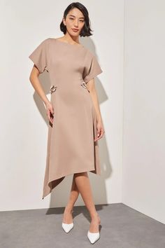 Asymmetrical Midi Dress - Chain Detail Stretch Ponte | Ming Wang