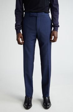 Look your best no matter the event in this Italian-tailored suit cut in a modern silhouette from finely woven cotton-and-silk poplin. Jacket has two-button closure; peaked lapels; four-button cuffs; chest welt pocket; front flap pockets; ticket pocket; back vent Pants have zip fly with hook-and-bar closure; adjustable waist; front slant pockets; back button-welt pockets Unhemmed Jacket is partially lined 60% cotton, 40% silk Dry clean Made in Italy Designer Clothing Fitted Suits With Pressed Crease For Spring, Blue Classic Straight Leg Suits, Modern Blue Suit For Business Casual, Modern Blue Suits For Business Casual, Blue Slim Fit Straight Leg Suit, Modern Fitted Suit With Concealed Placket, Modern Blue Pants With Straight Hem, Fitted Suits With Concealed Placket For Spring, Fitted Suits In Suiting Fabric For Spring