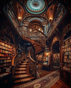 a spiral staircase in the middle of a library with bookshelves on either side