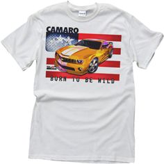 This Camaro T-Shirt features a bold design and bright colors. A Camaro products graphic application on each shirt is from our custom art concepts. The T-Shirt for all Camaro fans, it is made of 100% cotton for comfort and durability. Each T-Shirt has a 7/8" collar and is double stitched on the neckline, bottom hem and sleeves and is also quarter turned. The T-Shirt is printed in an 8-color inkjet process for durable, vibrant colors and impactful Camaro graphics. Multicolor Screen Print Tops For Fan Merchandise, Graphic Tee Multicolor Shirt For Fan Merchandise, Multicolor Graphic Tee For Fan Merchandise, Yellow Graphic Design Tops For Fan Merchandise, Casual White Sublimation T-shirt With Front Print, Casual White Sublimation Tee With Front Print, Multicolor Graphic Tee With Front Print, Yellow Graphic Print T-shirt For Fans, White Graphic Design Tops For Fan Merchandise