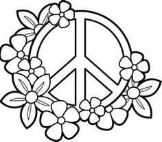 a peace sign with flowers and leaves on the bottom, in black and white coloring