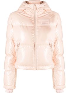 light pink quilted logo patch to the front padded design classic hood high neck down-feather filling two side zip-fastening pockets rear pouch pocket Conscious: This item contains at least 50% low-impact materials, which are certified or widely recognised as having a lower environmental impact. Pink Down Puffer Jacket With Padded Collar, Pink Quilted Nylon Puffer Jacket, Fendi Puffer Jacket, Pink Fendi, Versace Outfit, Yoko London, Chanel 2, Down Feather, Boots And Sneakers