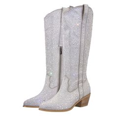 PRICES MAY VARY. This rhinestone cowboy boots has heel height about 5 CM/1.96 inch. SIZE TIP: TRUE TO SIZE,pls choose your normal size. Fashion design: western boots decorated with sparkling rhinestones, comfortable low block chunky heels and classic pointed toe design, pull on style Pull tabs for easy on and off,and look great with jeans, shorts, dresses, and just about everything you can think of. This rhinestone western boots are totally comfortable and shining. These rhinstone ankle booties Rhinestone Boots, Boot Bling, Chunky Heels Boots, Western Booties, Pu Heels, Boots Knee, Western Cowgirl, Boot Types, Pull On Boots