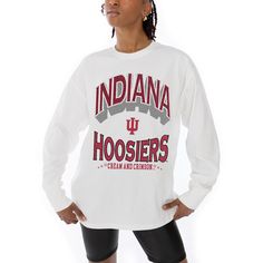 Showcase your Indiana Hoosiers spirit with this comfy and stylish Oversized Long Sleeve T-Shirt from Gameday Couture. This oversized long sleeve tee is crafted from midweight cotton fabric for a comfy and relaxed feel. It features dropped shoulders for enhanced freedom of movement and a distressed team name and logo printed across the front make a stylish statement. Collegiate Long Sleeve T-shirt With Relaxed Fit, Oversized College Style Tops For Fall, Oversized Tops For Fall College Style, Oversized Fall T-shirt For College, Oversized Fall College Style T-shirt, Oversized College Style T-shirt For Fall, Oversized Tops For College In Fall, Oversized Fall Tops For College, Varsity Long Sleeve T-shirt For College