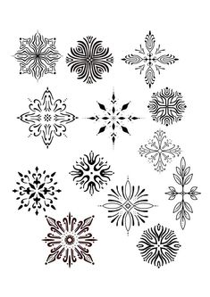 an assortment of black and white snowflakes on a white background, each with different designs