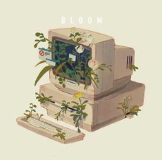 an old computer with plants growing out of it's front and back sides, sitting on top of each other