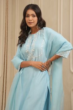 Powder blue straight kurta with floral thread and beads embroidery. Paired with solid palazzo and cutwork border dupatta. - Aza Fashions Kurta And Palazzo, Beads Embroidery, Palazzo Set, Straight Kurta, Embroidery Floral, Silk Embroidery, Cut Work, Powder Blue, Set For Women