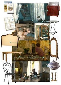 a collage of photos with furniture and pictures on them, including a woman sitting at a table