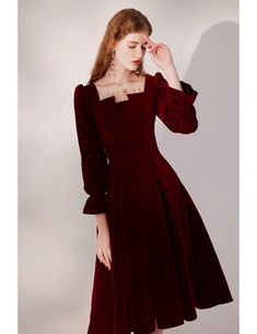 Burgundy Pleated Velvet Retro Party Dress with Long Sleeves HTX96024 - GemGrace.com Fitted Velvet Long Sleeve Dress For Formal Events, Elegant Velvet Midi Dress For Fall, Elegant Velvet Midi Dress For Winter, Elegant Long Sleeve Velvet Cocktail Dress, Long Sleeve Fall Midi Dress For Prom, Velvet A-line Dress For Winter, Long Sleeve Midi Dress For Fall Prom, Elegant Long Sleeve Velvet Dress For Fall, Long Sleeve Midi Dress For Prom