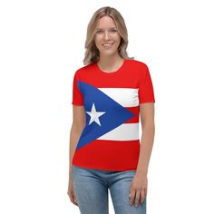 Puerto Rico Flag T-shirt Women / Puerto Ricans Patriotic Shirt Red Flag Print T-shirt, Puerto Rico Flag, Porto Rico, Patriotic Shirt, National Holidays, Costume Intero, Patriotic Shirts, Flag Tshirt, Flag Design